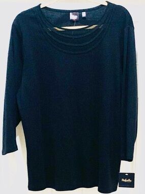 Rafaella  Black 100% Cotton with sexy layered sheer crew neck 3/4 sleeves 2X NWT